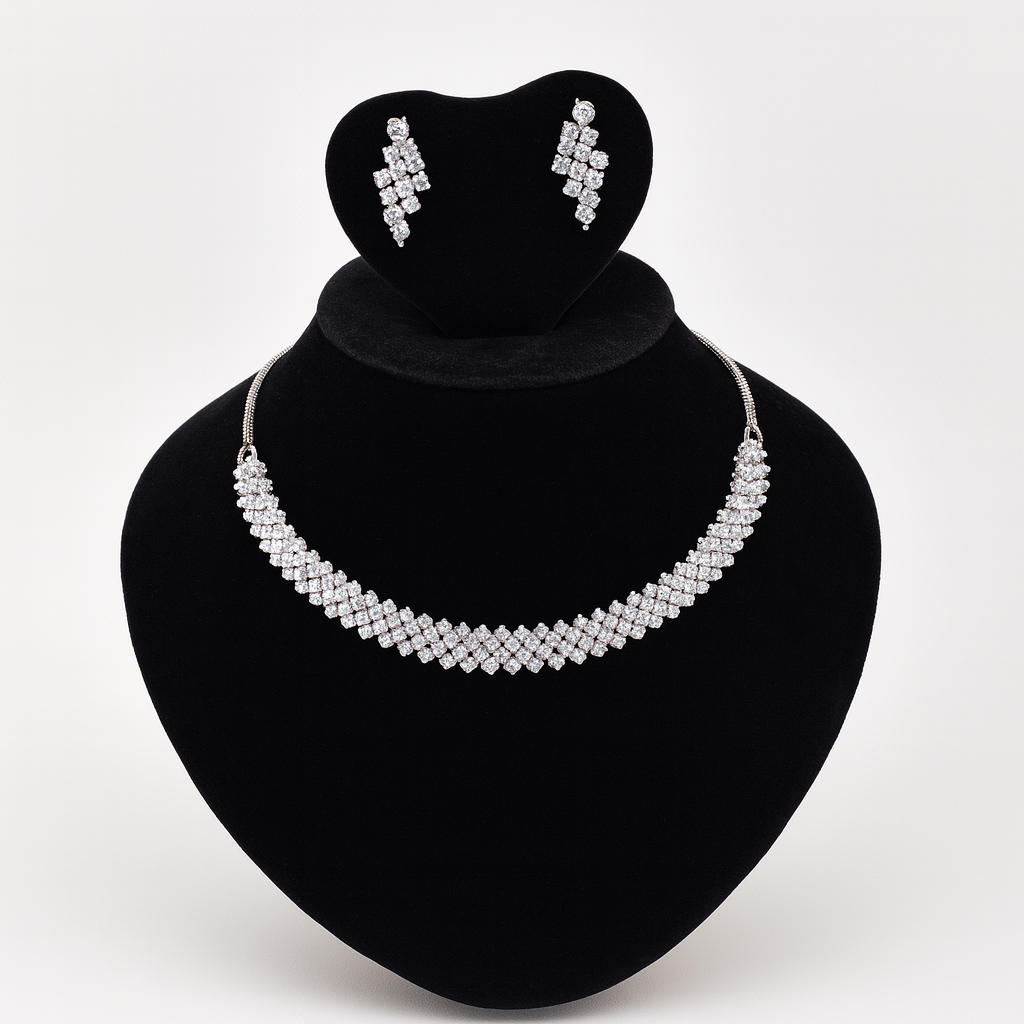 Rhodium Plated Cubic Zircon Necklace Set With Earrings