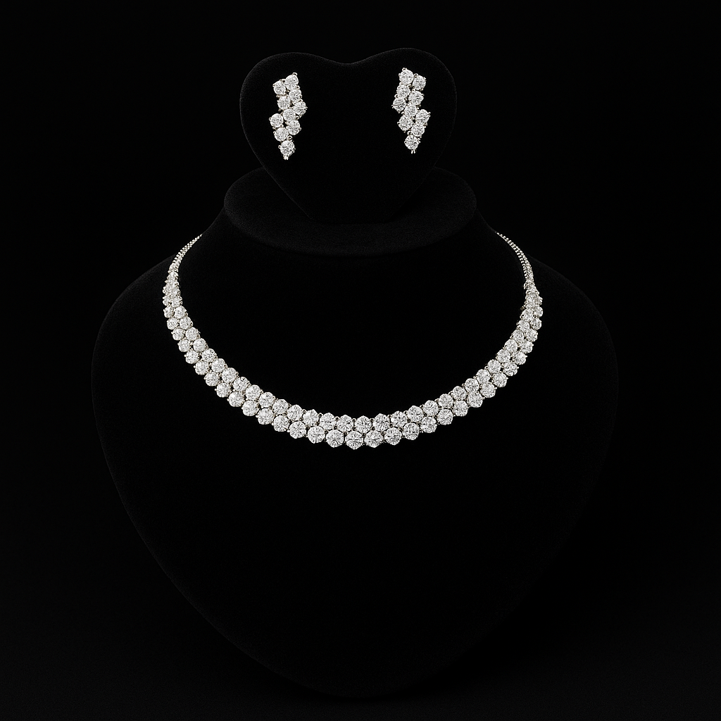 Rhodium Plated Cubic Zircon Necklace Set With Earrings