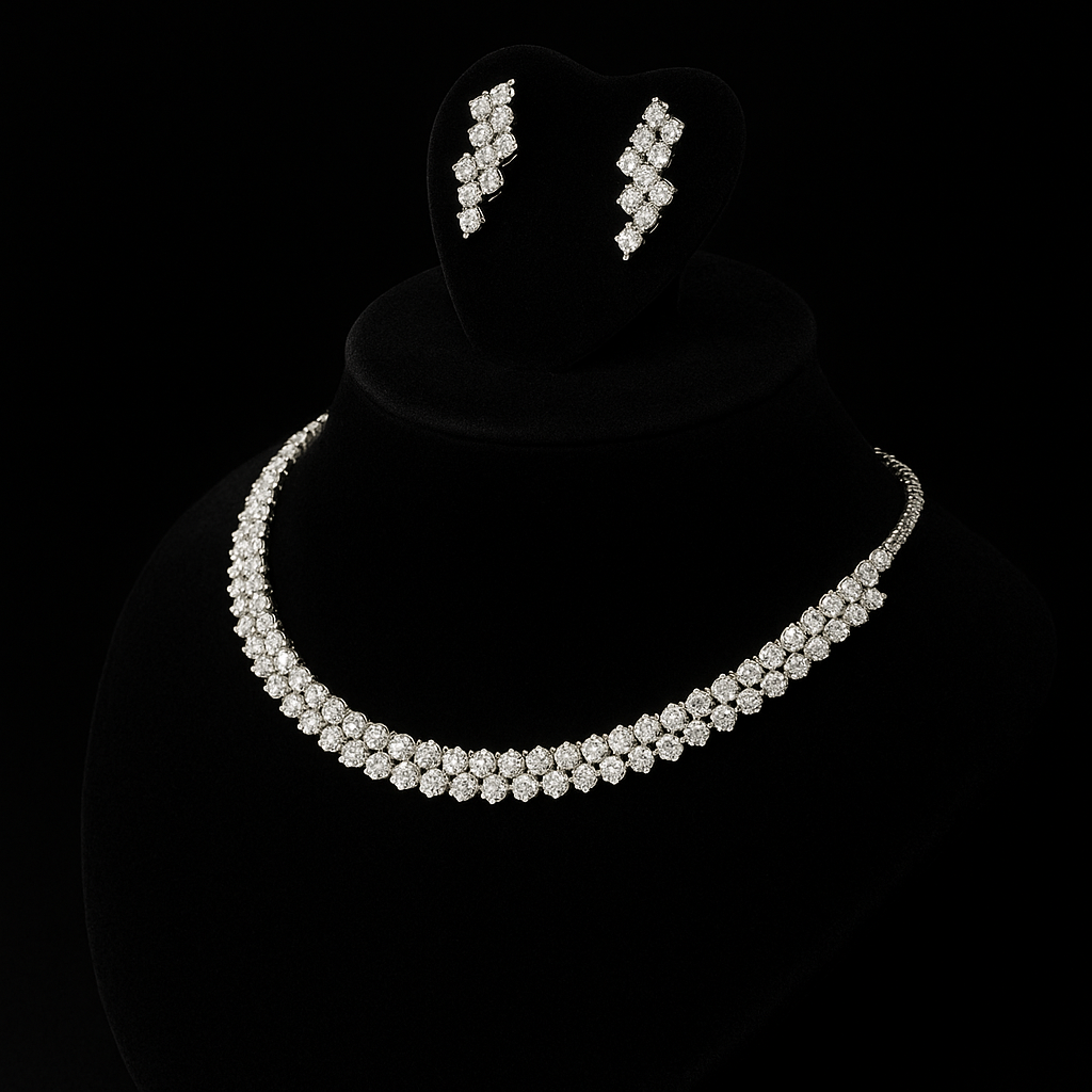 Rhodium Plated Cubic Zircon Necklace Set With Earrings