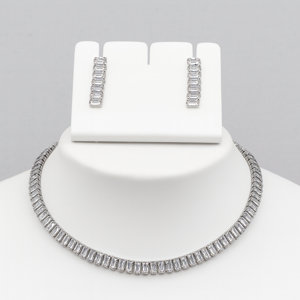 Rose Silver Plated American Diamond Studded Necklace With Earrings