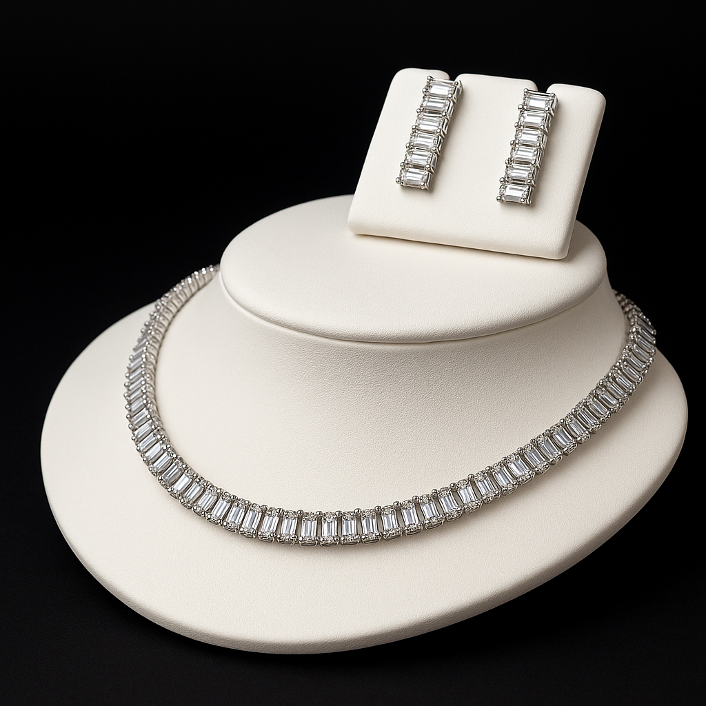 Rose Silver Plated American Diamond Studded Necklace With Earrings